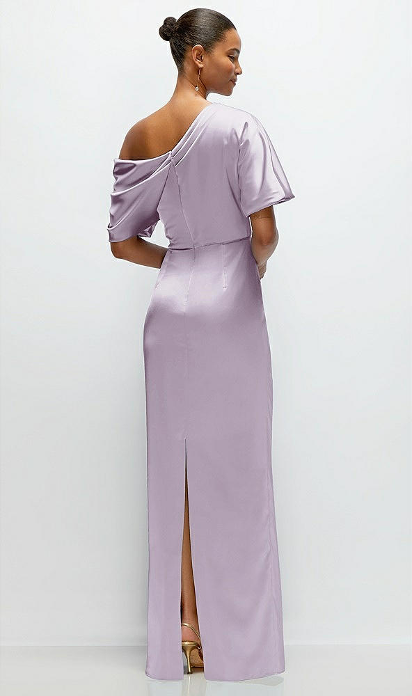 Back View - Lilac Haze Asymmetrical Off-the-Shoulder Pleated Satin Maxi Dress