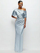 Front View Thumbnail - Mist Asymmetrical Off-the-Shoulder Pleated Satin Maxi Dress