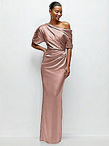 Front View Thumbnail - Neu Nude Asymmetrical Off-the-Shoulder Pleated Satin Maxi Dress