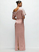 Rear View Thumbnail - Neu Nude Asymmetrical Off-the-Shoulder Pleated Satin Maxi Dress