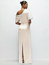 Rear View Thumbnail - Oat Asymmetrical Off-the-Shoulder Pleated Satin Maxi Dress