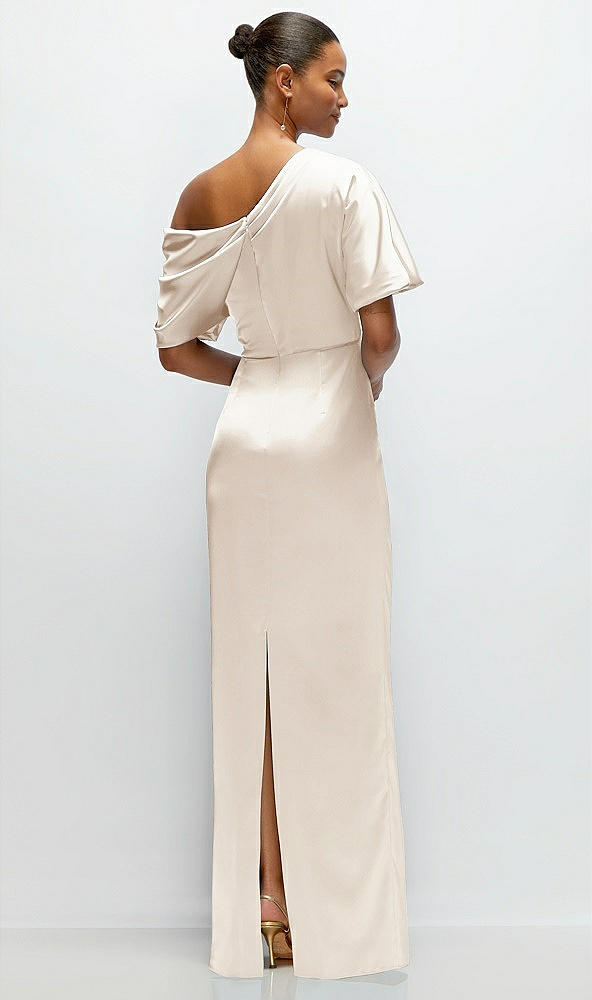 Back View - Oat Asymmetrical Off-the-Shoulder Pleated Satin Maxi Dress