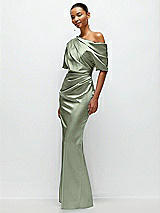 Side View Thumbnail - Sage Asymmetrical Off-the-Shoulder Pleated Satin Maxi Dress