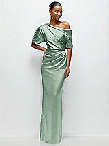 Front View Thumbnail - Seagrass Asymmetrical Off-the-Shoulder Pleated Satin Maxi Dress