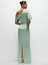 Rear View Thumbnail - Seagrass Asymmetrical Off-the-Shoulder Pleated Satin Maxi Dress