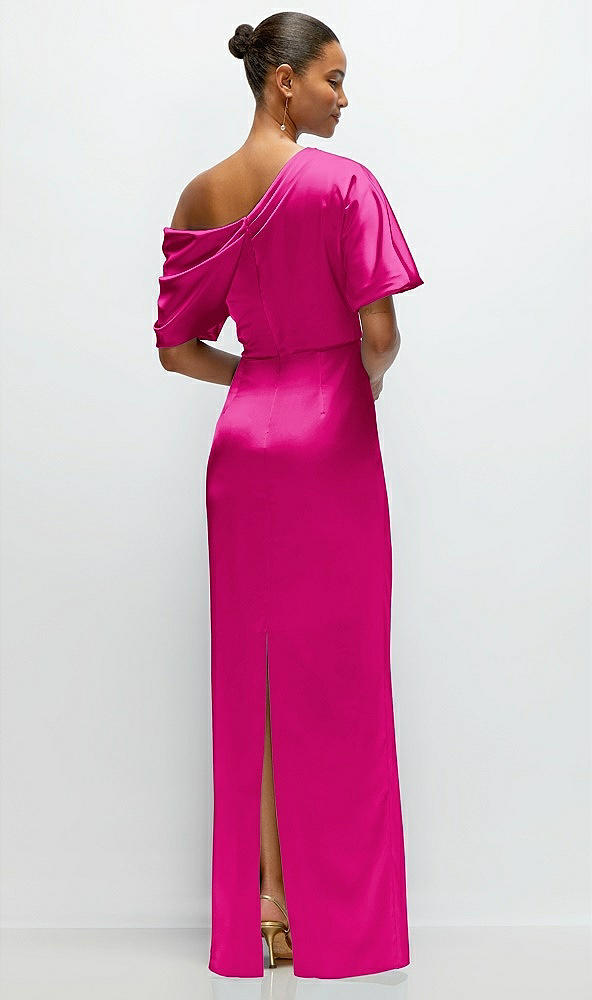 Back View - Think Pink Asymmetrical Off-the-Shoulder Pleated Satin Maxi Dress