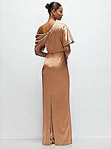 Rear View Thumbnail - Toffee Asymmetrical Off-the-Shoulder Pleated Satin Maxi Dress