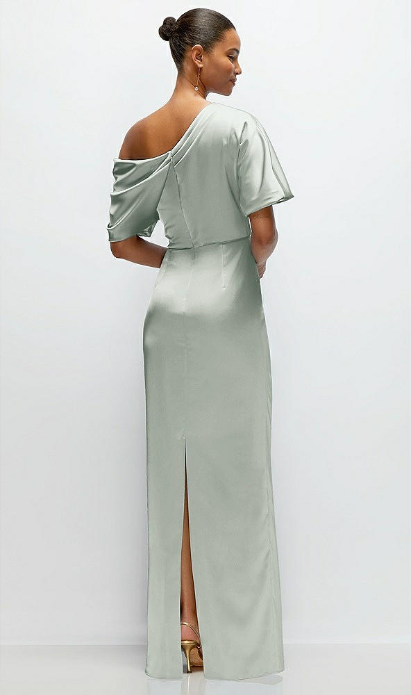 Back View - Willow Green Asymmetrical Off-the-Shoulder Pleated Satin Maxi Dress