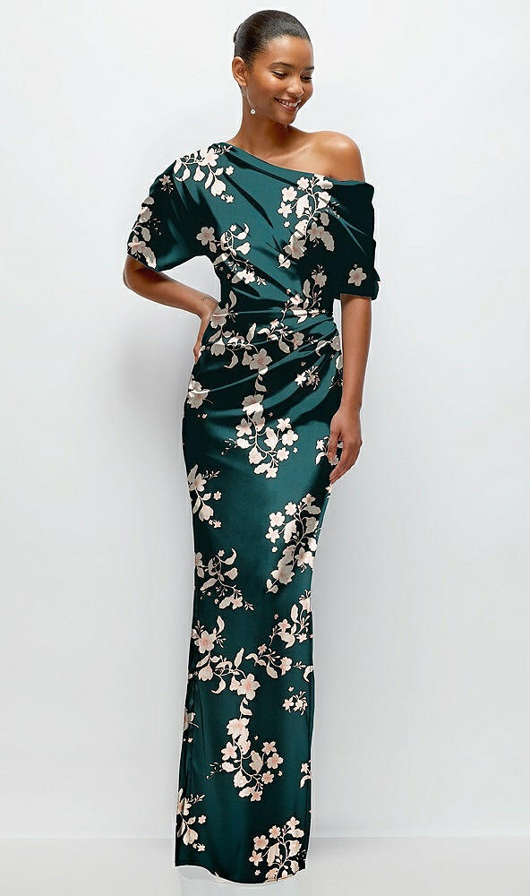 Front View - Vintage Primrose Evergreen Asymmetrical Off-the-Shoulder Draped Floral Satin Maxi Dress