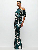 Side View Thumbnail - Vintage Primrose Evergreen Asymmetrical Off-the-Shoulder Draped Floral Satin Maxi Dress