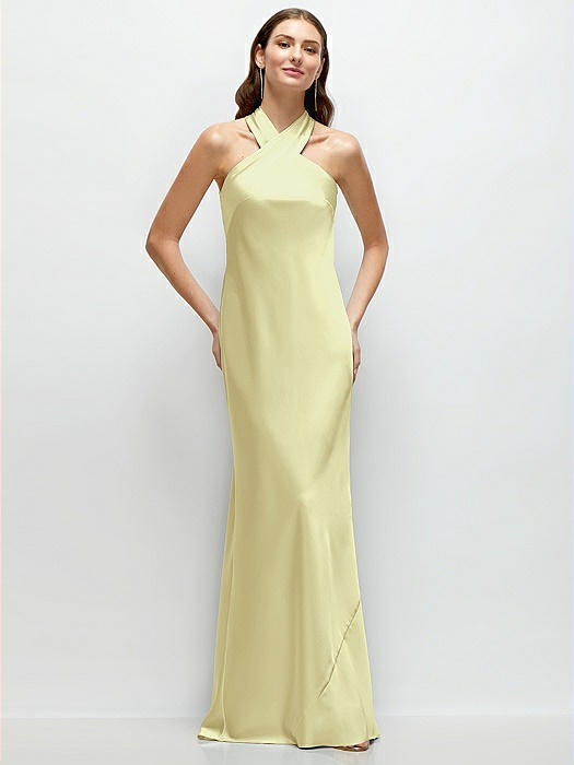 Pleated Halter Bias Satin Maxi Dress with Self-Tie Bow Back