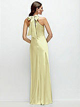 Rear View Thumbnail - Butter Yellow Pleated Halter Bias Satin Maxi Dress with Self-Tie Bow Back