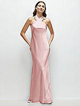 Front View Thumbnail - Ballet Pink Pleated Halter Bias Satin Maxi Dress with Self-Tie Bow Back