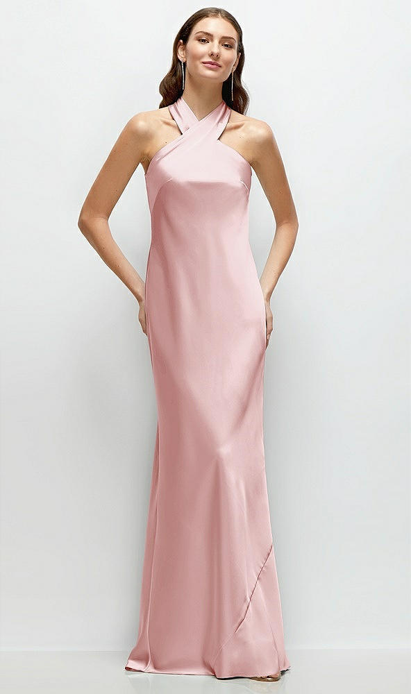 Front View - Ballet Pink Pleated Halter Bias Satin Maxi Dress with Self-Tie Bow Back