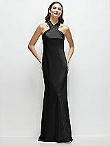 Front View Thumbnail - Black Pleated Halter Bias Satin Maxi Dress with Self-Tie Bow Back