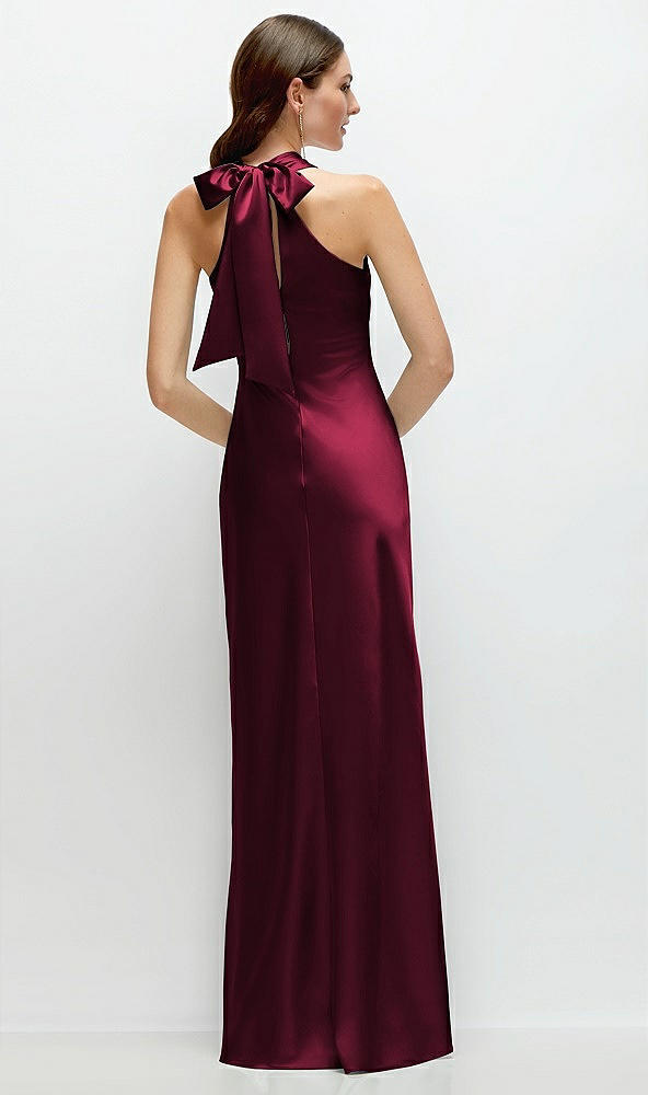 Back View - Cabernet Pleated Halter Bias Satin Maxi Dress with Self-Tie Bow Back