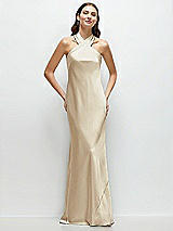 Front View Thumbnail - Champagne Pleated Halter Bias Satin Maxi Dress with Self-Tie Bow Back