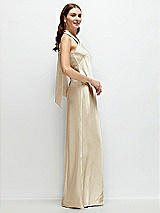 Side View Thumbnail - Champagne Pleated Halter Bias Satin Maxi Dress with Self-Tie Bow Back