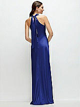 Alt View 1 Thumbnail - Cobalt Blue Pleated Halter Bias Satin Maxi Dress with Self-Tie Bow Back