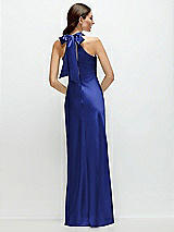 Rear View Thumbnail - Cobalt Blue Pleated Halter Bias Satin Maxi Dress with Self-Tie Bow Back