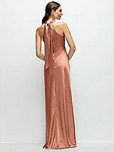 Alt View 1 Thumbnail - Copper Penny Pleated Halter Bias Satin Maxi Dress with Self-Tie Bow Back