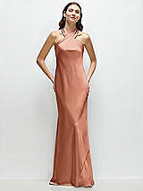 Front View Thumbnail - Copper Penny Pleated Halter Bias Satin Maxi Dress with Self-Tie Bow Back