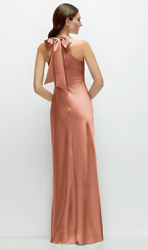 Back View - Copper Penny Pleated Halter Bias Satin Maxi Dress with Self-Tie Bow Back