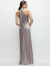 Alt View 1 Thumbnail - Cashmere Gray Pleated Halter Bias Satin Maxi Dress with Self-Tie Bow Back