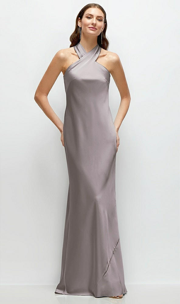 Front View - Cashmere Gray Pleated Halter Bias Satin Maxi Dress with Self-Tie Bow Back