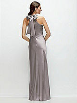 Rear View Thumbnail - Cashmere Gray Pleated Halter Bias Satin Maxi Dress with Self-Tie Bow Back