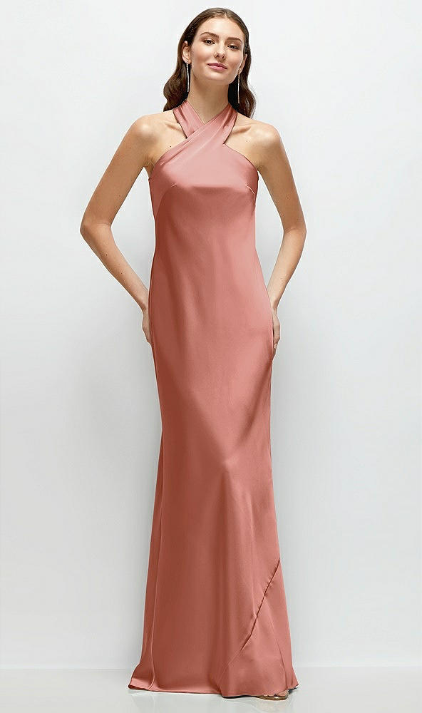 Front View - Desert Rose Pleated Halter Bias Satin Maxi Dress with Self-Tie Bow Back