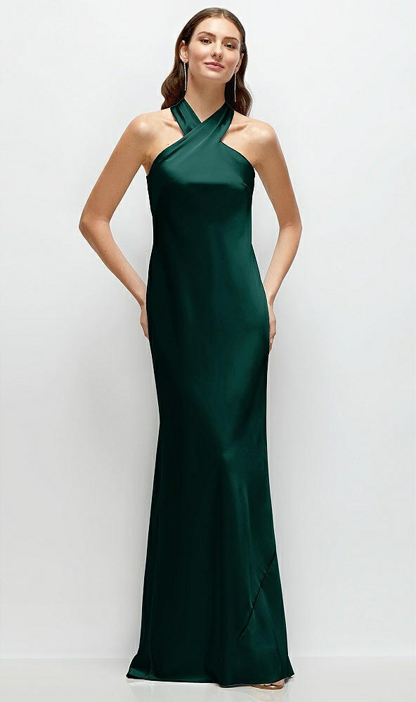 Front View - Evergreen Pleated Halter Bias Satin Maxi Dress with Self-Tie Bow Back