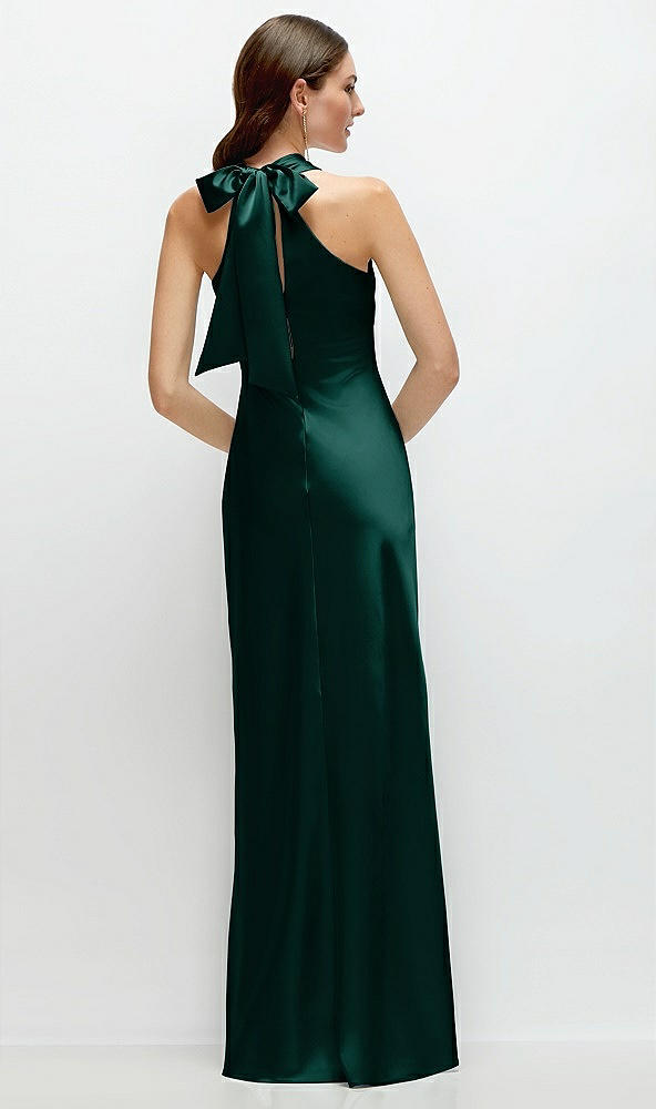 Back View - Evergreen Pleated Halter Bias Satin Maxi Dress with Self-Tie Bow Back