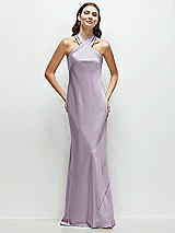 Front View Thumbnail - Lilac Haze Pleated Halter Bias Satin Maxi Dress with Self-Tie Bow Back