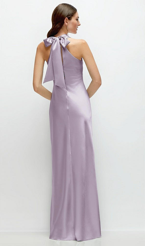 Back View - Lilac Haze Pleated Halter Bias Satin Maxi Dress with Self-Tie Bow Back