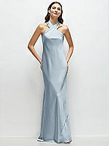 Front View Thumbnail - Mist Pleated Halter Bias Satin Maxi Dress with Self-Tie Bow Back