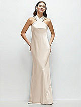 Front View Thumbnail - Oat Pleated Halter Bias Satin Maxi Dress with Self-Tie Bow Back