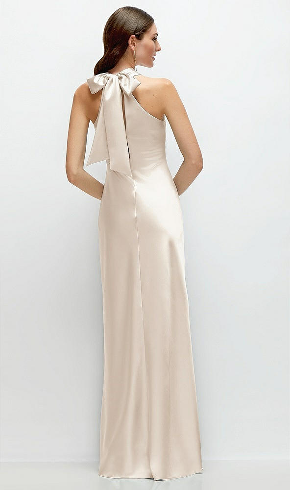 Back View - Oat Pleated Halter Bias Satin Maxi Dress with Self-Tie Bow Back