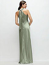 Alt View 1 Thumbnail - Sage Pleated Halter Bias Satin Maxi Dress with Self-Tie Bow Back