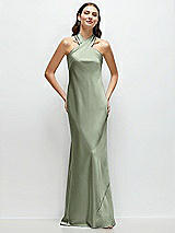 Front View Thumbnail - Sage Pleated Halter Bias Satin Maxi Dress with Self-Tie Bow Back