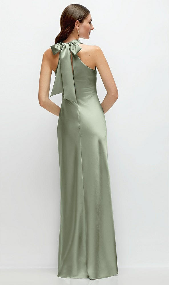 Back View - Sage Pleated Halter Bias Satin Maxi Dress with Self-Tie Bow Back