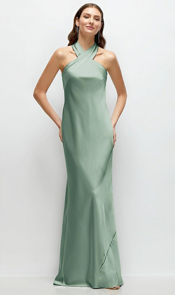 Front View - Seagrass Pleated Halter Bias Satin Maxi Dress with Self-Tie Bow Back