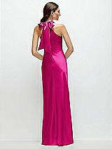 Rear View Thumbnail - Think Pink Pleated Halter Bias Satin Maxi Dress with Self-Tie Bow Back