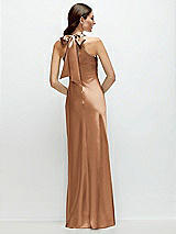 Rear View Thumbnail - Toffee Pleated Halter Bias Satin Maxi Dress with Self-Tie Bow Back