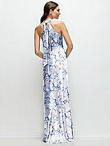 Alt View 1 Thumbnail - Magnolia Sky Floral Twist Pleated Halter Bias Satin Maxi Dress with Self-Tie Bow Back