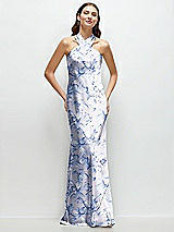 Front View Thumbnail - Magnolia Sky Floral Twist Pleated Halter Bias Satin Maxi Dress with Self-Tie Bow Back