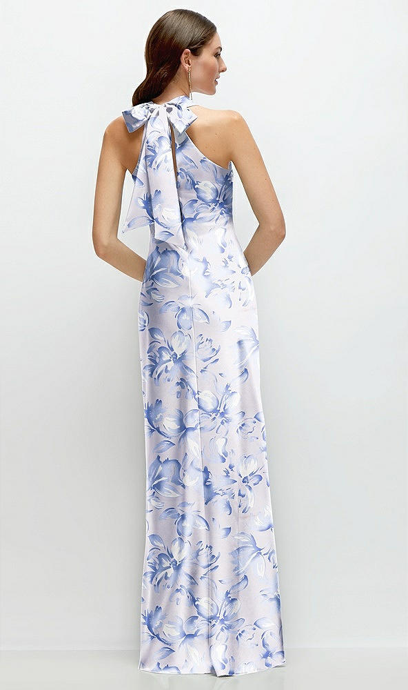 Back View - Magnolia Sky Floral Twist Pleated Halter Bias Satin Maxi Dress with Self-Tie Bow Back