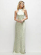 Front View Thumbnail - Vintage Primrose Celadon Floral Twist Pleated Halter Bias Satin Maxi Dress with Self-Tie Bow Back