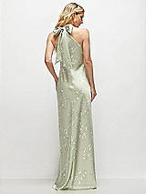 Rear View Thumbnail - Vintage Primrose Celadon Floral Twist Pleated Halter Bias Satin Maxi Dress with Self-Tie Bow Back