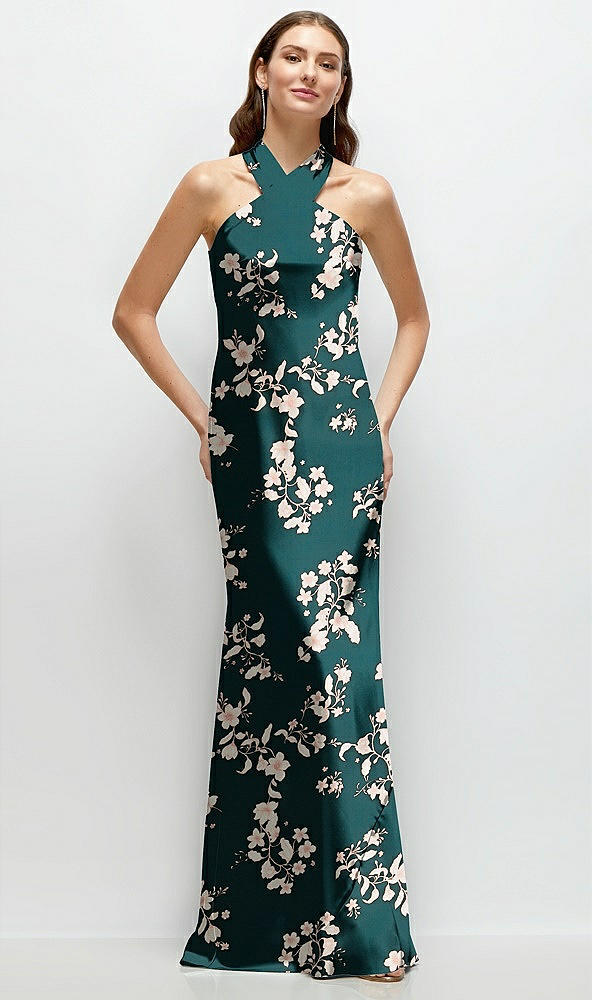 Front View - Vintage Primrose Evergreen Floral Twist Pleated Halter Bias Satin Maxi Dress with Self-Tie Bow Back